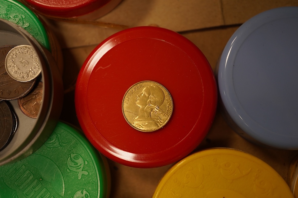 World coins, mostly post war, including France, Persia Netherlands, Romania, Belgium, West Germany, Germany, Spain, Greece, East Africa, New Zealand, salon, Morocco, turkey, Palestine, Fiji, Brazil, Czechoslovakia, Yugos